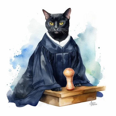 A clipart of a black cat wearing a judge's robe and holding a gavel, presiding over a court as a judge, watercolor style, realistic, bright colors, 300 dpi, 8k, white and clear background