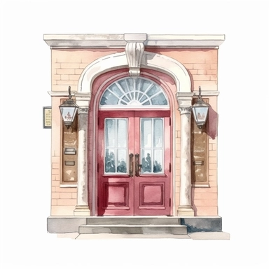 feminine watercolor line artwork clipart illustration of a school front door in neutral realistic colors, isolated on a white background, spaced out, 4k, hyper realistic