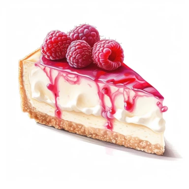 This highly detailed watercolor clipart depicts a heavenly White Chocolate Raspberry Cheesecake on a pristine white background. The artwork showcases the luxurious combination of creamy white chocolate and tart raspberries. The cheesecake is exquisitely rendered with intricate brushstrokes, highlighting its velvety texture and rich flavor. Plump raspberries add a vibrant burst of color, enhancing the visual appeal. Against the clean white backdrop, this clipart exudes an irresistible allure, mak
