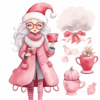 Cute Christmas Mrs Claus pink watercolor clipart