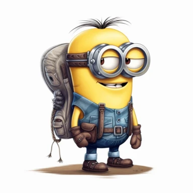the minions goes hiking like indiana jones style, clipart logo, white background
