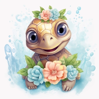 Cute sea turtle clipart with watercolor illustration, roses, kawaii, nursery theme, big eyes, smiling