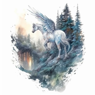 high level watercolor, hyper realistic, white background with margins, 8k, ultra detailed clipart, large, futuristic, A watchful pegasus perched on a cliff, overseeing the enchanted woods with its wings spread wide, under a starry night sky. fairy, cool