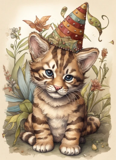 clipart,a cute little tiger in a field with a party hat on its head and a bandana on its neck,in the style of jody bergsma, 32k uhd, hand-painted details, charming character illustrations, dark brown and light beige,red/green, aquarellist, hd , white background clipart