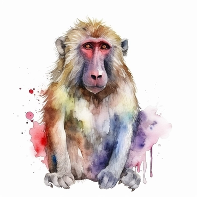 watercolor clipart of a funny baboon, vivid colors, white background