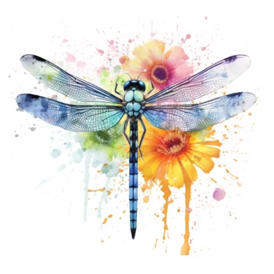 watercolour rainbow hyper realistic dragon fly sat on a daisy with paint splatter, clipart variations on a white background