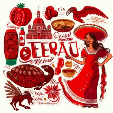 Create a clipart-style illustration with a predominantly red color scheme and a white background that features Mexican Culture.