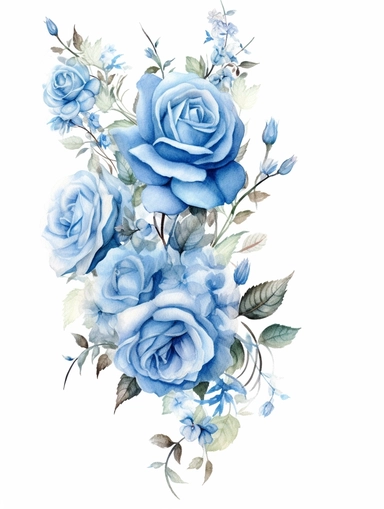 vintage beautiful victorian shabby chic blue roses border on white background, blue theme, watercolor illustration, clipart