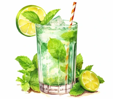 Watercolor clipart of summer drink, Mojito: This popular cocktail combines rum, lime juice, fresh mint leaves, sugar, and soda water. It's a delightful and refreshing drink, perfect for hot summer days, intricate details, vector, hyperrealistic, white background, no splashes, no text, no watermark
