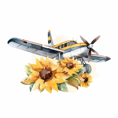 clip art ,airplane sunflowers watercolor , no background