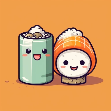 A Kawaii style illustration of a sushi roll with a happy face and chopsticks. Clipart set.