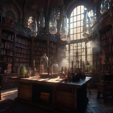 A wizard's library/laboratory is an impressive space that appears to blend academic knowledge with magic. The room is surrounded by tall dark wood shelves containing numerous old books and glass bottles filled with potions. The space is well-lit by high, narrow windows that allow natural light to enter. In the center of the room, there is a large sturdy table filled with scientific equipment such as microscopes, test tubes, and pipettes, along with magical ingredients such as bat wings and unico