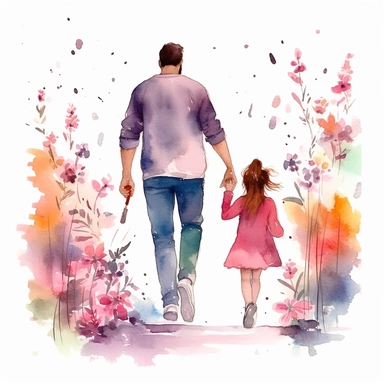 detailed father's day clipart featuring a smiling father and daughter, holding hands while walking in a garden full of vibrant flowers and blooming trees, capturing the love and warmth between them, Watercolor painting, using soft pastel colors and light brush strokes to create a dreamy effect water color father, super cute, solid white background, clipart , fatherhood