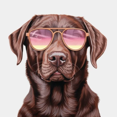 Chocolate labrador retriever wearing sunglasses, white background, cool dog, summer time, clipart, relaxing