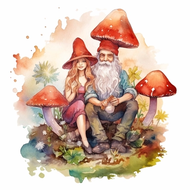 Watercolor magical gnome couple sitting on a toadstool, watercolor clipart on white background, vivid colors, enchanting scene clipart on a white background in the style of feminine sticker art, Tanya Shatseva, storybook illustration, red, white and caramel tones, Georgia O'Keeffe, colored line art, colored outlines, cottagecore design, watercolor on white background, crisp tones, sticker outline, colored line art, colored outlines, iridescent ombre, gradient shading, pure tone, vibrant digital 
