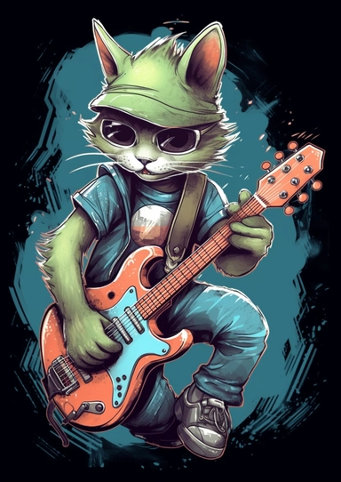 Tshirt features Design, CLIPART CONCEPT, An anthropomorphic humanoid, A Kittens Male character with the ability to control and morph from energy IN DAIM graffiti artwork and graffiti design, Playing the GUITAR, wearing a clothes FROM Casual Uniform Style, Contour Drawing with Fine Line Artwork, Macro Detailed, FOCUSED ON THE CHARACTER, Clear visuals, Highest Resolution 3D Adobe Illustrator file Eps format, In the style of photo-realistic techniques, Rendering with unreal engine 5, Sublimation In