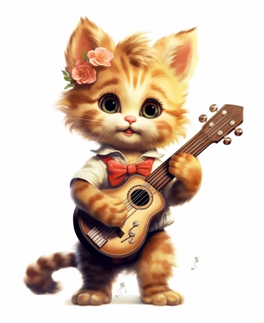 1950's, clipart, anthromorphic pretty baby kitty, vintage, happy, holding a ukulele, cute, adorable, shabby