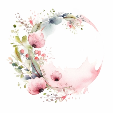 half a circle, minimal, pale pink watercolor flowers, wedding invite, clipart, white background, half circle
