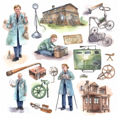 watercolor doctor related scenes , illustrations clipart set, simple, , cartoon elements ,different variants , nurse, doctor, stethtescope, mechanical body weighing scale, microscope, ,separate elements with a margin