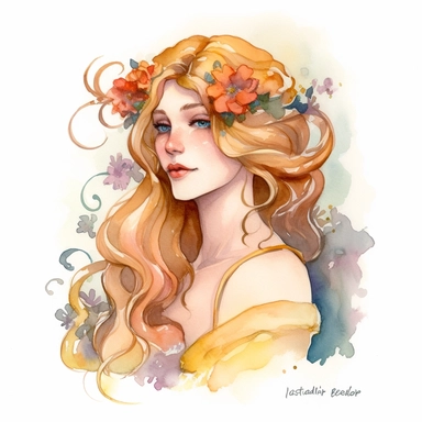 from shoulders up full head shot fantasy art nouveau style demure princess looking away and looking upwards with flowers cascading down her long flowing hair all the way to her shoulders in a classical early 20th century portrait painting style watercolor clipart no words no fonts no letters