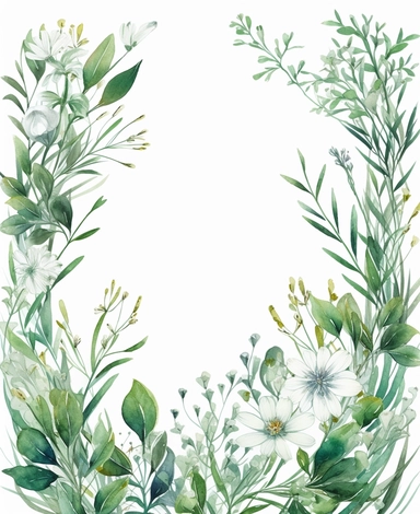 rectangle floral frame, thin border, green flowers and leaves, minimal with white space in middle, clipart, watercolor flowers, hand drawn, white background, clipart,