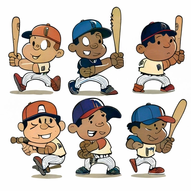 Create a picture of multiple cartoon baseball players showing off their skills, The players should be diverse in terms of their appearance, including skin color, hair style, and body type, clipart images, The image should be colorful and playful, with a white background, clip art, The 3rd render should showcase the excitement and energy of the scene