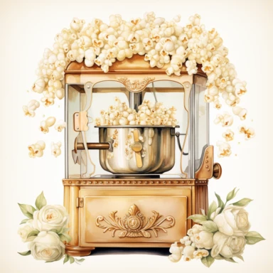 A realistic high detailed watercolor wedding popcorn machine, pastel colors, in the style of digital print, clipart, illustration, sticker, ultra high definition, rich details, 32K, HD