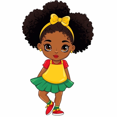 a cute Little Black Girl with green, yellow and red clothes, 2 afro puffs, flat vector clipart