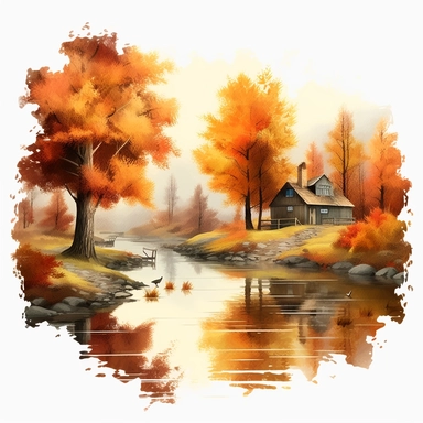 a single clipart image png graphic of a Realistic Painting Clipart Beautiful Season Autumn Fall Landscape PNG Illustration