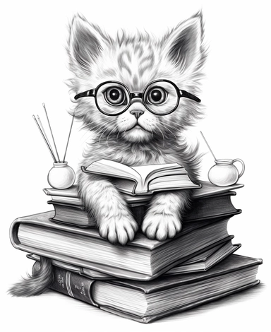 cartoon kitten with glasses sitting on books clipart illustration coloring pages, in the style of highly detailed realism, alson skinner clark, cluj school, david yarrow, jeremiah ketner, science-based, precisionist lines