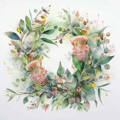 Watercolor Painting of beautiful multi - headed Eucalyptus Wreath FLOWERS on white background DETAILED ILUSTRATION, Flora Design Patterns, Flemish Baroque by Rachel Ruysch, Behance, Rococo, Intricate Detailed, Soft Light Effect, Oil Paint Strokes, Light Academia Aesthetic Flowers, Lighting cinematic, all shown shimmering stamens, tyndall light, texture, colorful, 8k, fantasy, ray tracing, vivid, spectacular lighting, octane rendering, highly detailed, ultra - realistic, white background, clipart