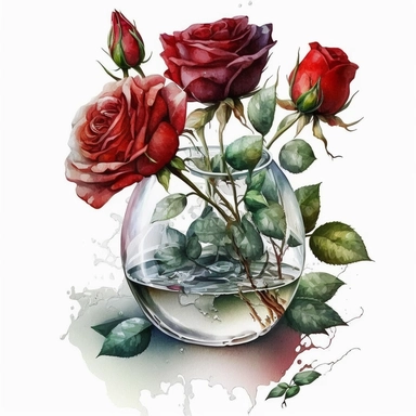 A few redroses in a clear small vase with a little bit of water, floral, watercolour, clipart