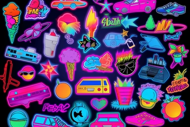 Retro 80s 90s clipart set. Neon colors y2k fashion patch, badge, emblem, stickers.