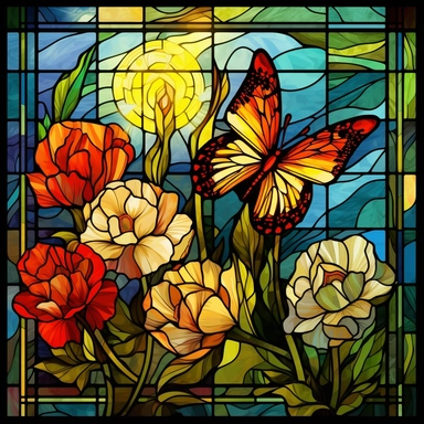 stained glass clipart of one butterfly and flowers, vincent van gogh style