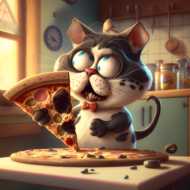 clipart,a cat eating pizza in a 1950s kitchen, cartoon, Pixar, 3d, dwarf, exaggerated facial features, caricature, cinematic, 4k