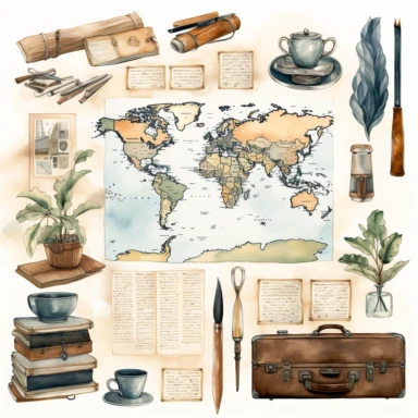 watercolour, travel theme, map, journal, soft and muted nuances, high quality detail, clipart, 8k, f1