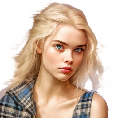 beautiful stunning pretty Scottish young woman , with blonde hair and blue eyes, vintage , paint art style, clipart, white background, superrealistic, one of a kind