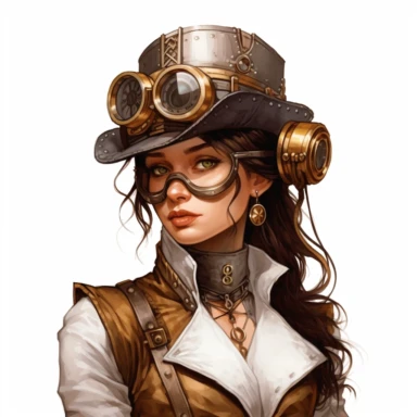 Solid white background. Waist-up illustration of a determined steampunk woman, her intense gaze and resolute smile reflecting her strong determination. Her alabaster skin and black hair beautifully contrast her attire in shades metallic bronze, a testament to Victorian elegance and steampunk aesthetics. Instead of a hat, she wears a sleek headband adorned with industrial motifs. The background lacks any steampunk elements. Pastel clipart, hyper-realistic, retro-futurism, solid white background