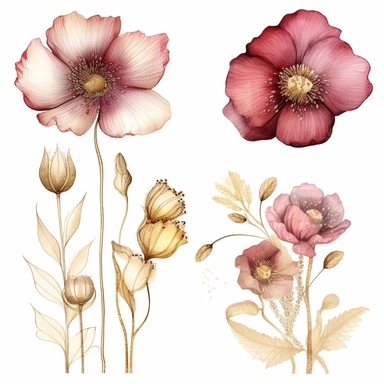 large gold and glass flowers, in the style of nature-inspired installations, delicate ink washes, Pink and burgundy, detailed miniatures, mosaics, organic texture, nature-inspired imagery, clipart set, white background, 4 flowers