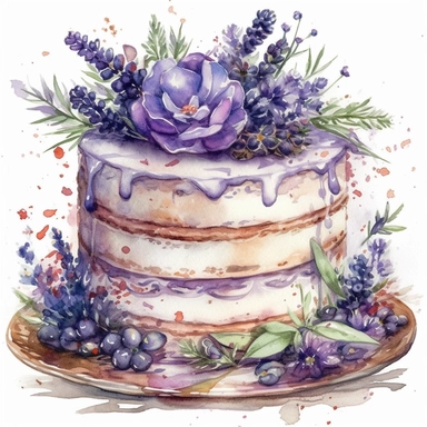 DESIGN A MAGNIFICENT AND EXQUISITE BREATHTAKING ONE-OF-A-KIND HIGH QUALITY HIGHLY DETAILED MASTERPIECE WATERCOLOR CLIPART ILLUSTRATION OF A artistic cake with lavender flowers and fresh leaves sitting on a background with green shades, in the style of multilayered realism, nightcore, fresco painting, kimoicore, voigtlander bessa r2m, 1900–1917, bunnycore, WHITE BACKGROUND