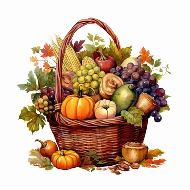 watercolour autumn harvest cornucopia overflowing with fruits and vegetables clipart, hd, detailed, earth tones, white background, spaced out