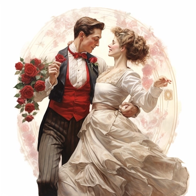 old victorian era, having fun at wedding, angle perspective, hyper-realistic painting, decorated with minimal amount of red roses, intricate details, elegance, charm, clipart, white background