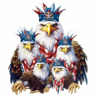 digital clipart, solid white background, a realistic family of stellers sea patriotic eagle wearing 4th July apparel