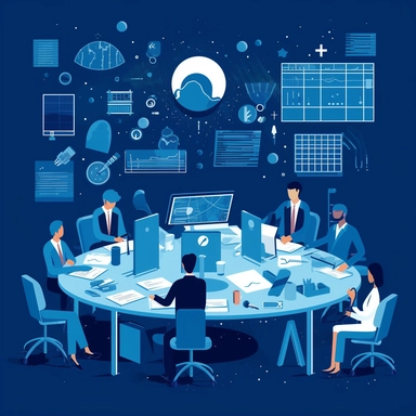 vector illustration of people working around a large desk with business diagrams on paper, isolated on a dark blue background, clipart, soft blue color palette
