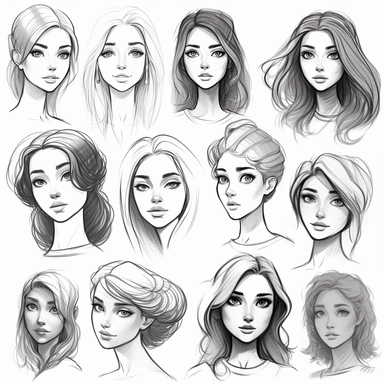 types of girl face cliparts printable, in the style of cute and dreamy, dynamic and expressive animations, pencil sketch