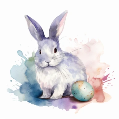 Create a watercolor clipart of a spaced-out bunny sitting next to an Easter egg, with a fully white background. The medium should be watercolor, giving the image a soft and fluid look. The style should feature gentle brushstrokes and pastel colors, capturing the delicate and whimsical nature of bunnies. The lighting should be soft and diffused, conveying a sense of warmth and comfort. The color palette should be light and airy, using soft pastels that accentuate the gentle and playful nature of 