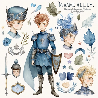 A watercolor collection by Amelia Fairytale, presenting a lively and charming clipart set of blue fairy tale prince characters in 5 different hair and skin colors, accompanied by whimsical elements such as a shield, horse, dragon, prince crown, castle, knights, and armor, perfect for crafting invitations, planner stickers, party printables, and embroidery designs.