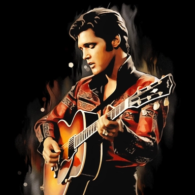 portrait view, full view, beautiful image of Elvis Presley with guitar and microphone, black, red and gold colors, exact image, romantic, fantasy, sharp focus, high detail, ethereal, 8k illustration clipart style, transparent background, (--iw 8)