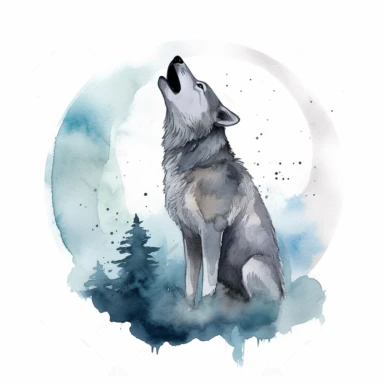 A wolf howling at the full moon, watercolor style, clipart image, no text, no symbols, no logo, on white background