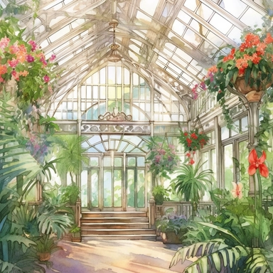 watercolor victorian greenhouse inside view tropical flowers and trees clipart